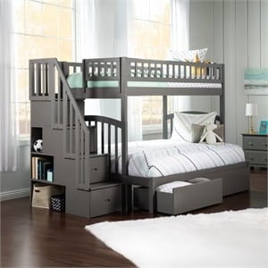 AFI Westbrook Wood Staircase Storage Bunk Twin Over Full in Grey