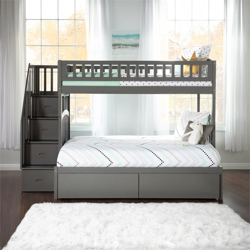 AFI Westbrook Wood Staircase Storage Bunk Twin Over Full in Grey