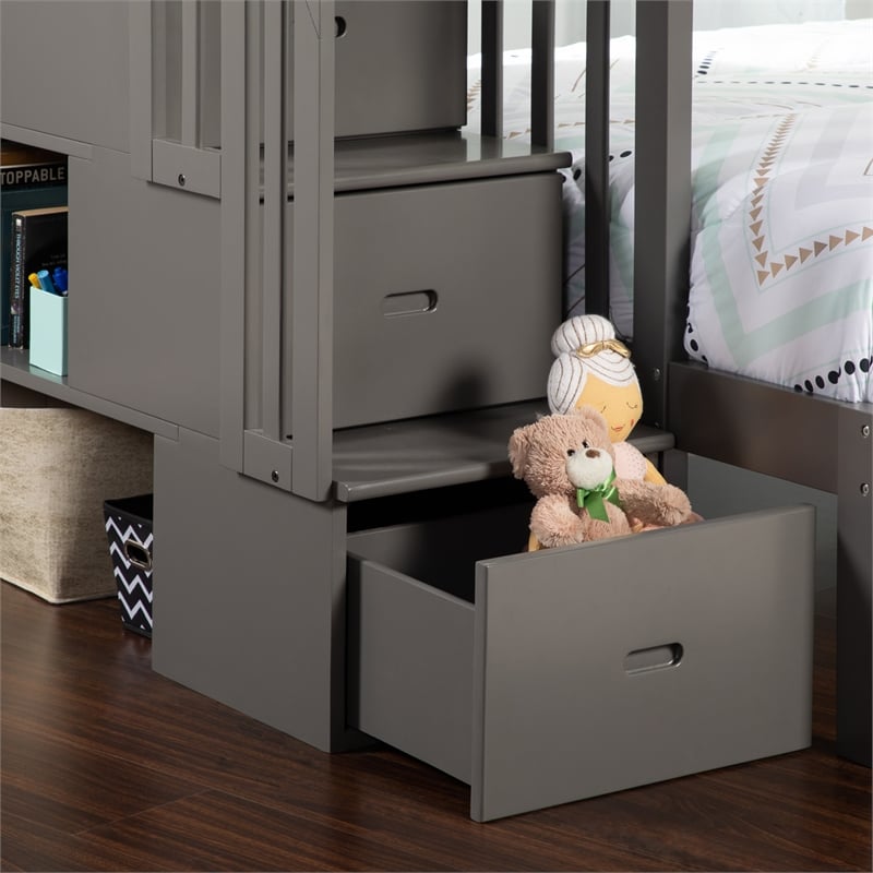 AFI Westbrook Wood Staircase Storage Bunk Twin Over Full in Grey