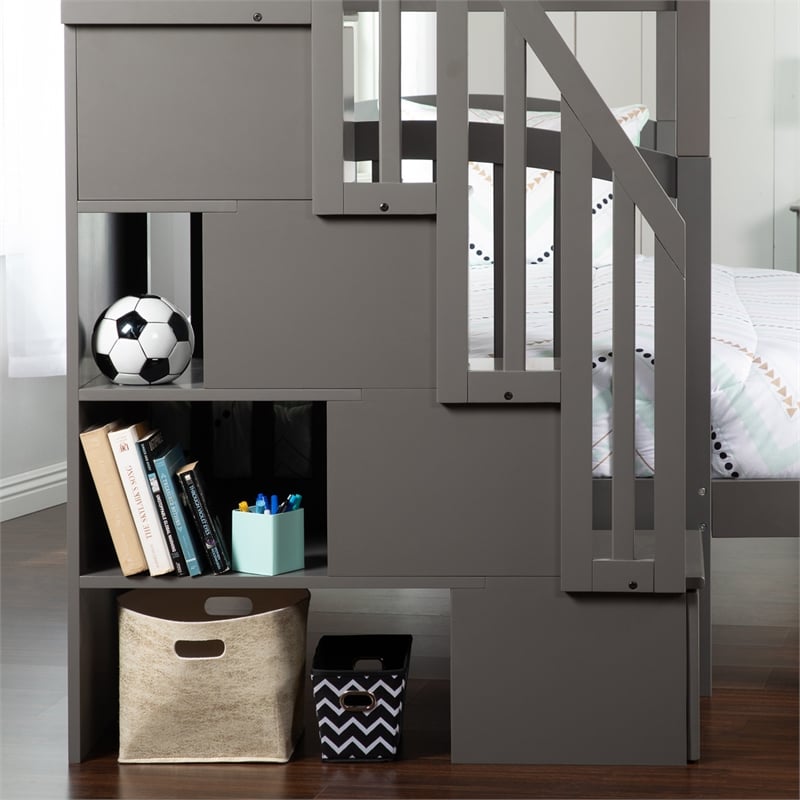 AFI Westbrook Wood Staircase Storage Bunk Twin Over Full in Grey