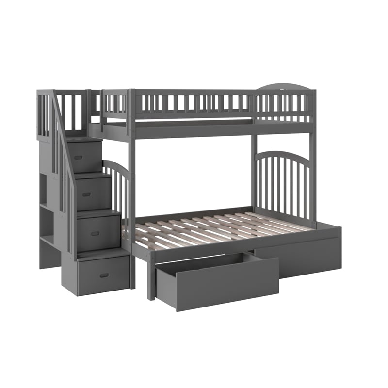 AFI Westbrook Wood Staircase Storage Bunk Twin Over Full in Grey