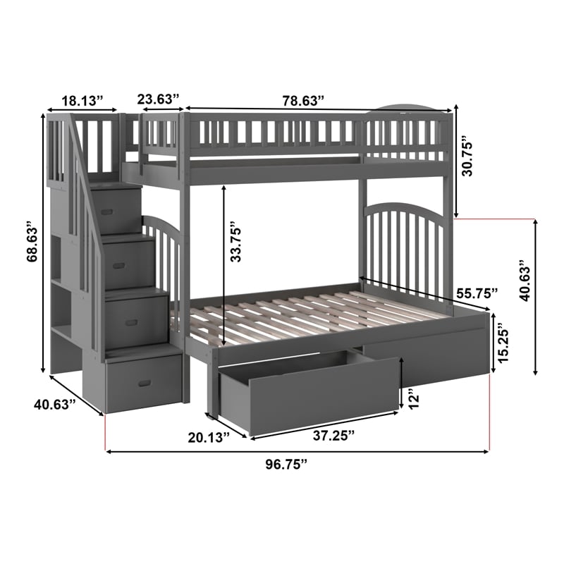 AFI Westbrook Wood Staircase Storage Bunk Twin Over Full in Grey
