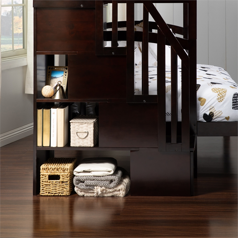 AFI Westbrook Wood Staircase Bunk Twin Over Full with Twin Trundle in Espresso