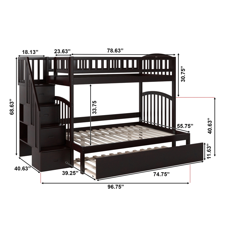 AFI Westbrook Wood Staircase Bunk Twin Over Full with Twin Trundle in Espresso