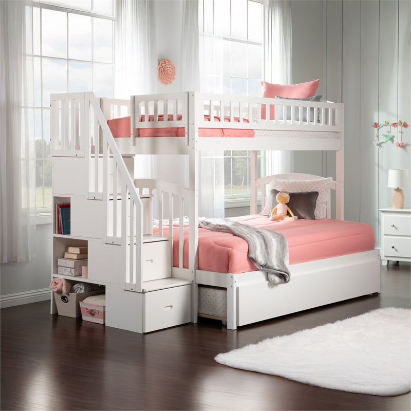 AFI Westbrook Wood Staircase Bunk Twin Over Full with Twin Trundle in White