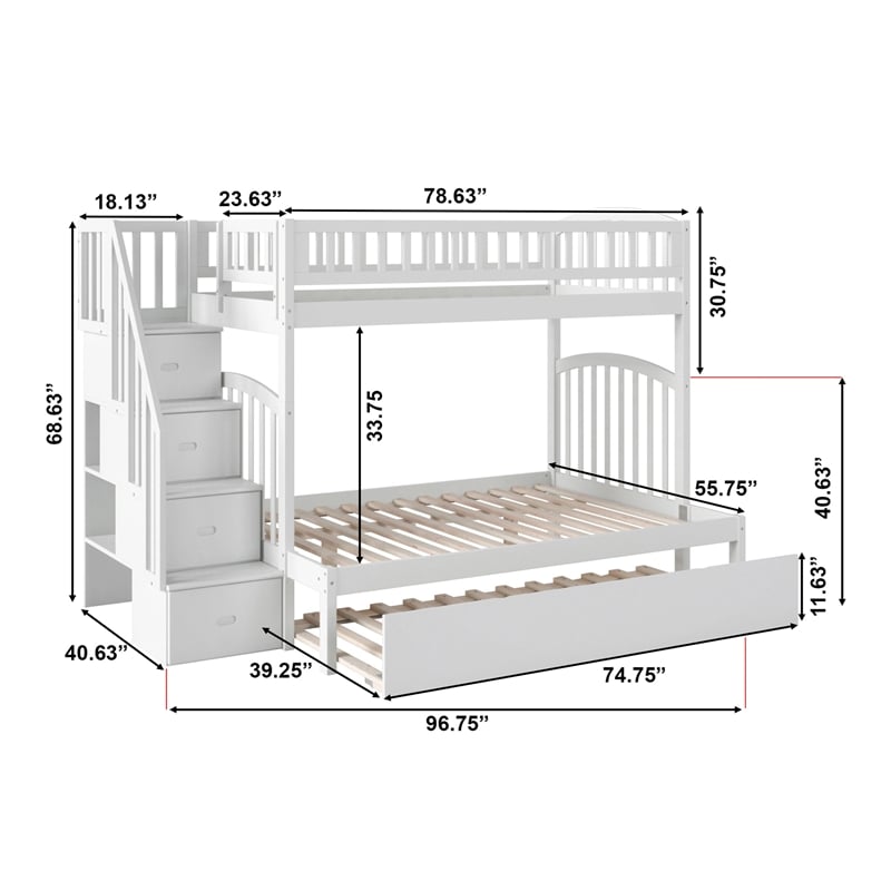 AFI Westbrook Wood Staircase Bunk Twin Over Full with Twin Trundle in White