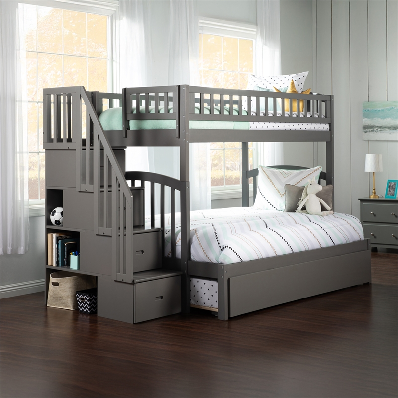 AFI Westbrook Wood Staircase Bunk Twin Over Full with Twin Trundle in Grey