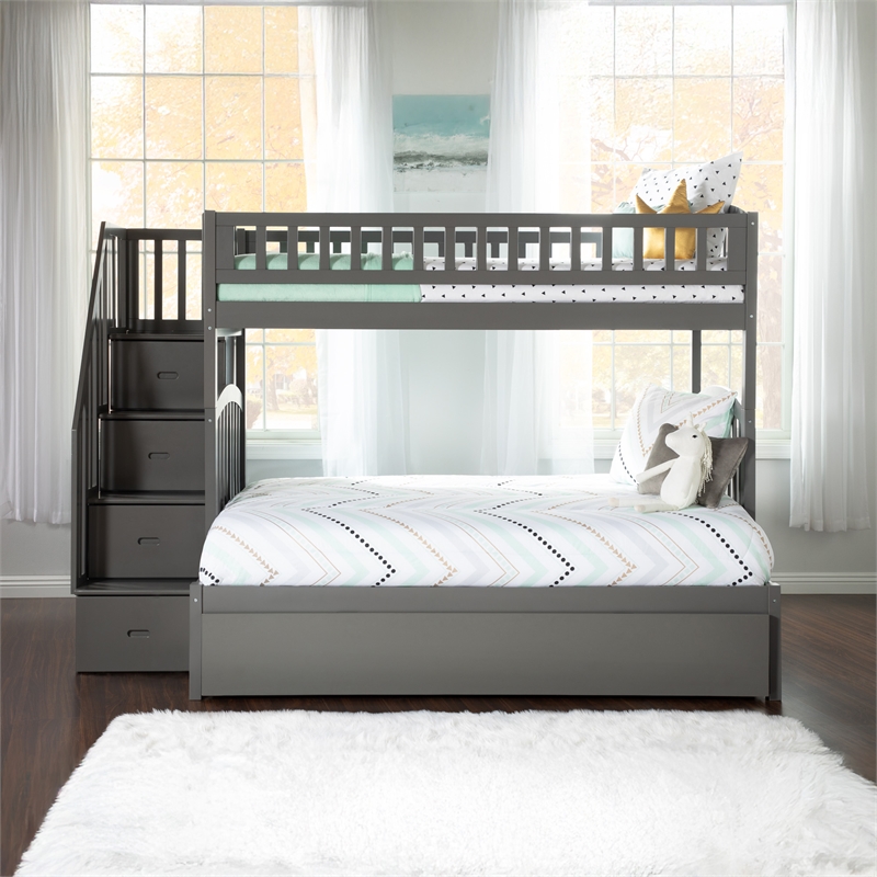 AFI Westbrook Wood Staircase Bunk Twin Over Full with Twin Trundle in Grey