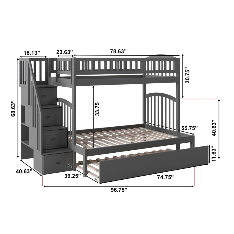 AFI Westbrook Wood Staircase Bunk Twin Over Full with Twin Trundle in Grey