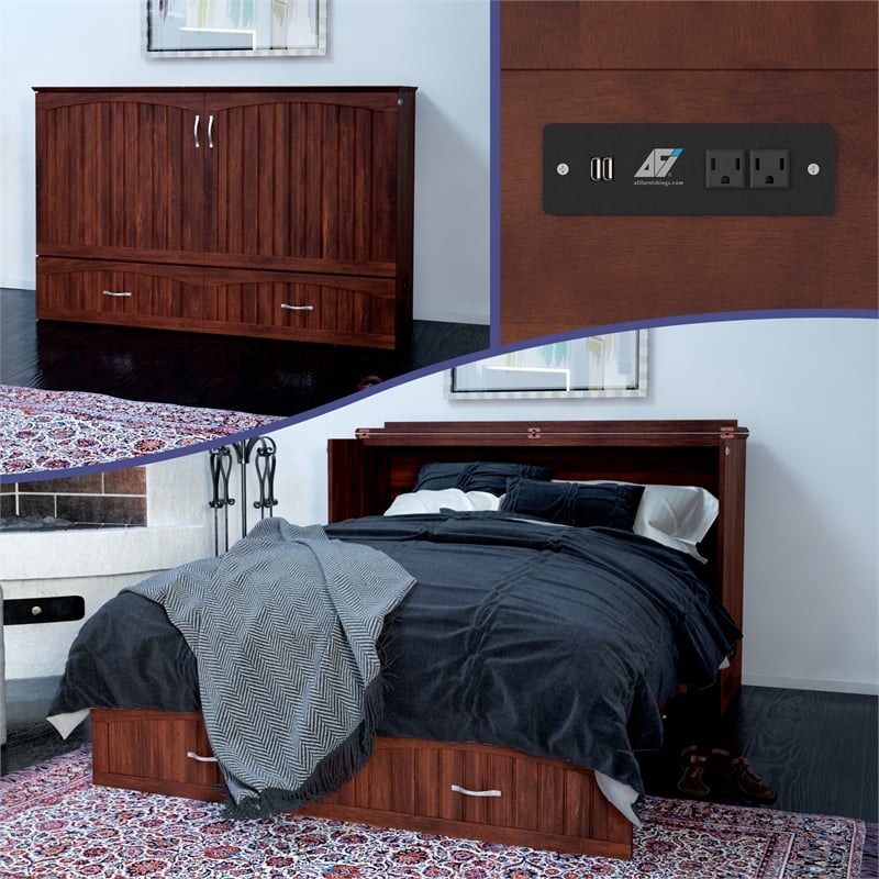 AFI Southampton Queen Solid Wood Murphy Bed Chest with Mattress in Walnut