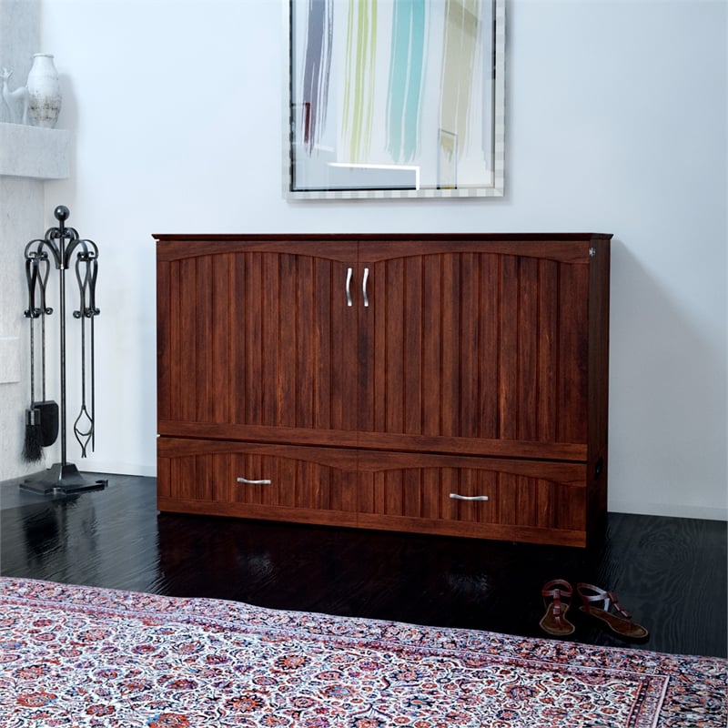 AFI Southampton Queen Solid Wood Murphy Bed Chest with Mattress in Walnut
