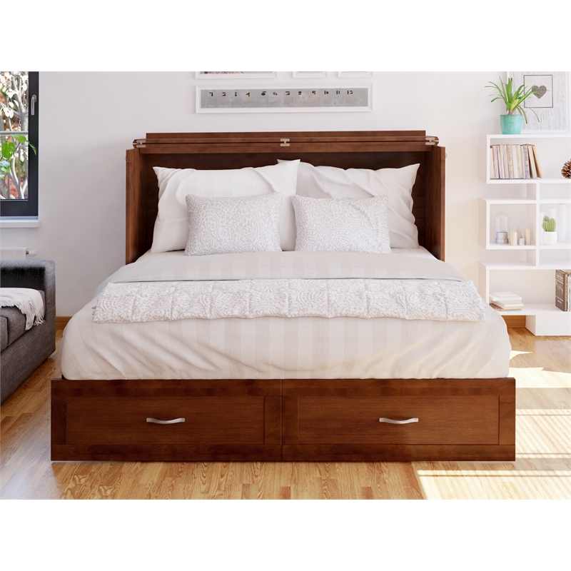 AFI Hamilton Queen Solid Wood Murphy Bed Chest with Mattress in Walnut