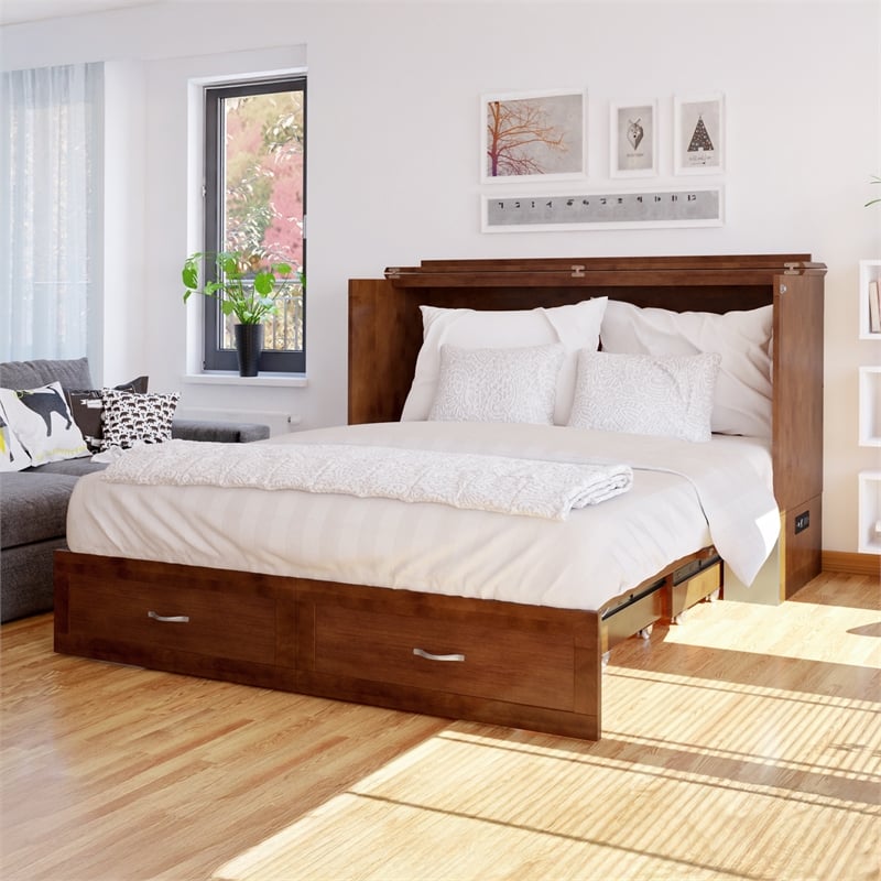 AFI Hamilton Queen Solid Wood Murphy Bed Chest with Mattress in Walnut