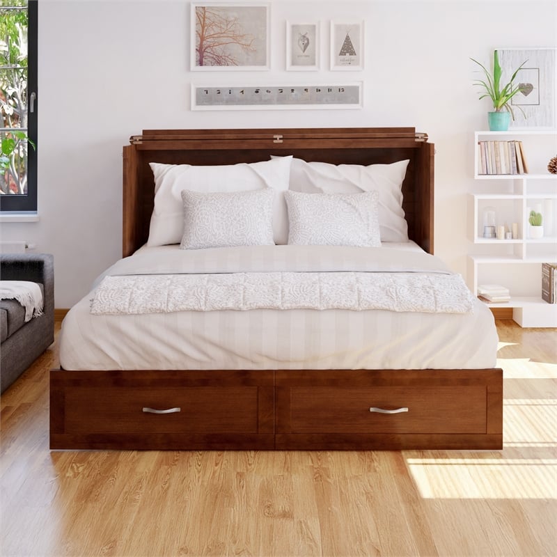 AFI Hamilton Queen Solid Wood Murphy Bed Chest with Mattress in Walnut