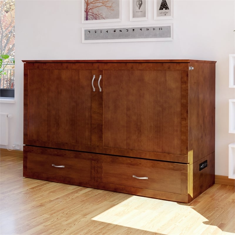 AFI Hamilton Queen Solid Wood Murphy Bed Chest with Mattress in Walnut