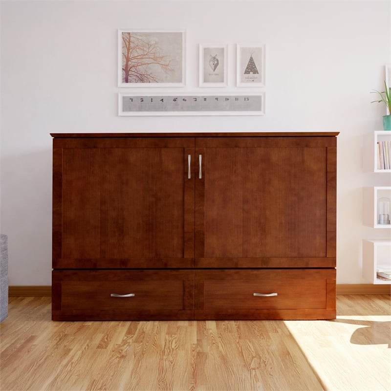 AFI Hamilton Queen Solid Wood Murphy Bed Chest with Mattress in Walnut