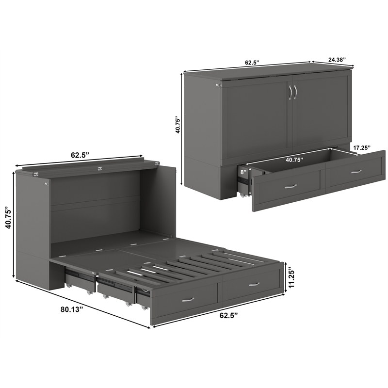 AFI Hamilton Queen Solid Wood Murphy Bed Chest with Built-In Charger in Gray