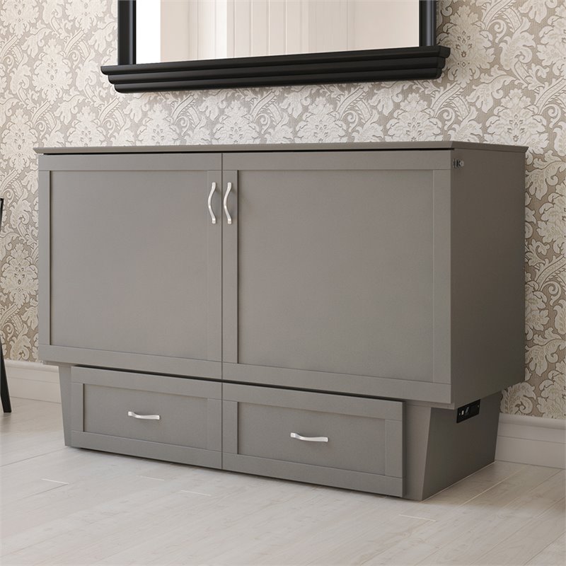 Monroe Queen Wood Murphy Bed Chest with Mattress & Charging Station in Gray