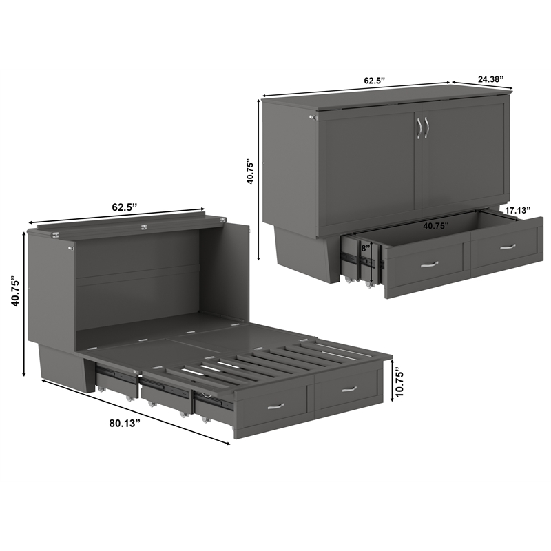 Monroe Queen Wood Murphy Bed Chest with Mattress & Charging Station in Gray
