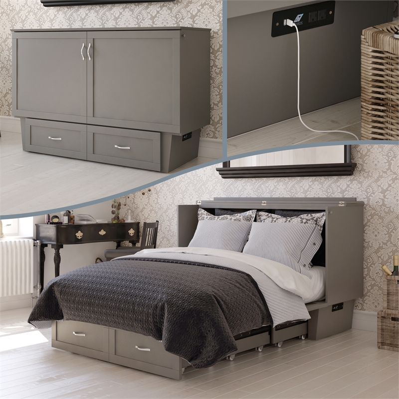 Monroe Queen Wood Murphy Bed Chest with Mattress & Charging Station in Gray