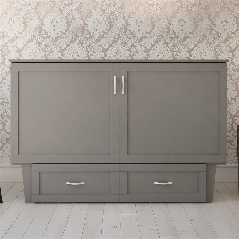 Monroe Queen Wood Murphy Bed Chest with Mattress & Charging Station in Gray