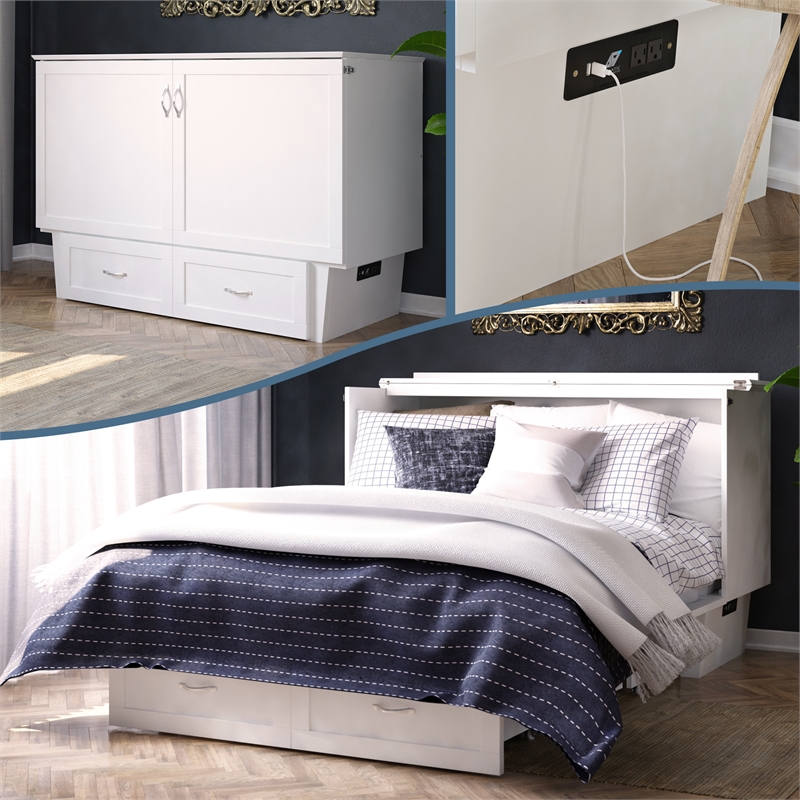 AFI Monroe Solid Wood Queen Murphy Bed Chest with USB Charging Station in White