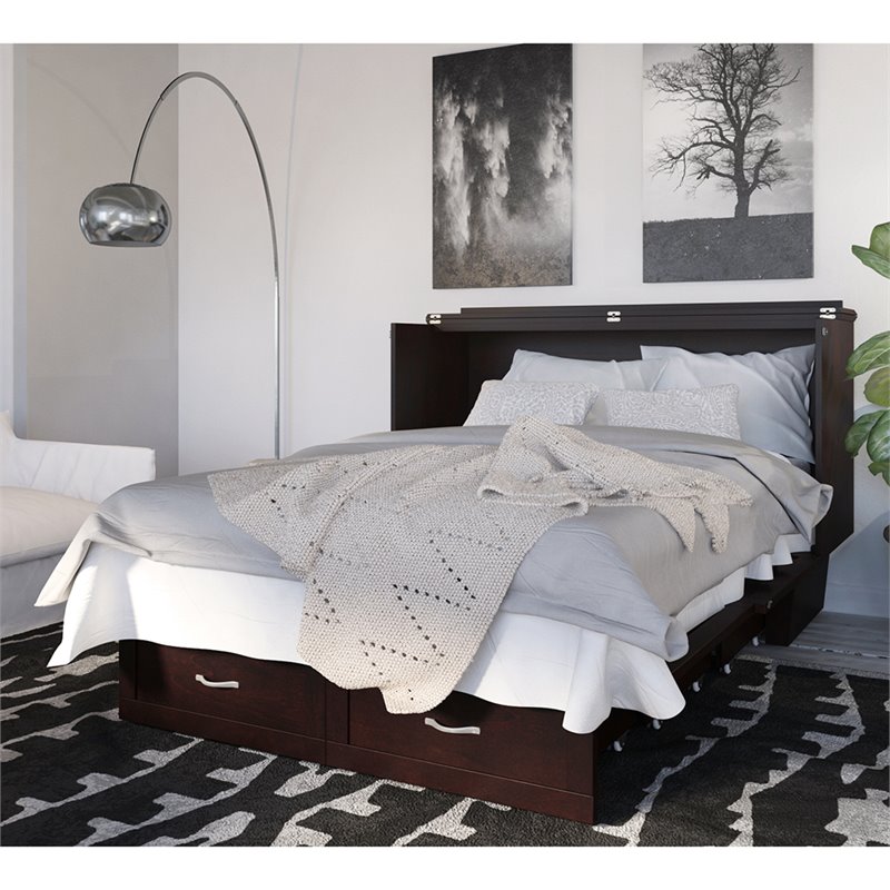 Monroe Queen Wood Murphy Bed Chest with Mattress & Charging Station in Espresso