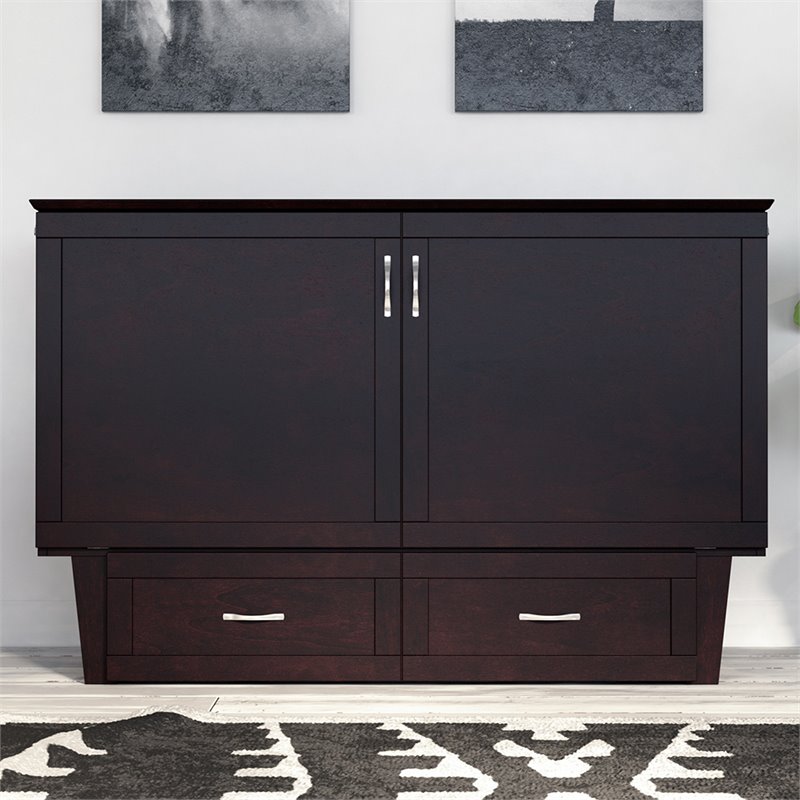 Monroe Queen Wood Murphy Bed Chest with Mattress & Charging Station in Espresso