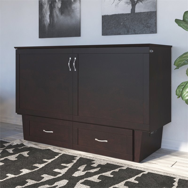 Monroe Queen Wood Murphy Bed Chest with Mattress & Charging Station in Espresso