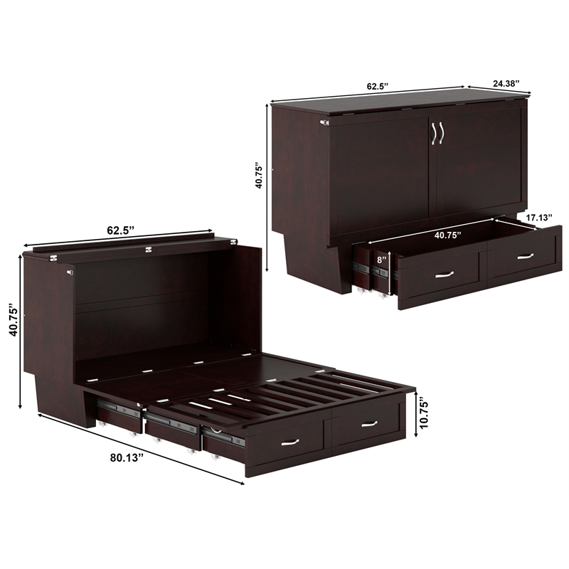 Monroe Queen Wood Murphy Bed Chest with Mattress & Charging Station in Espresso