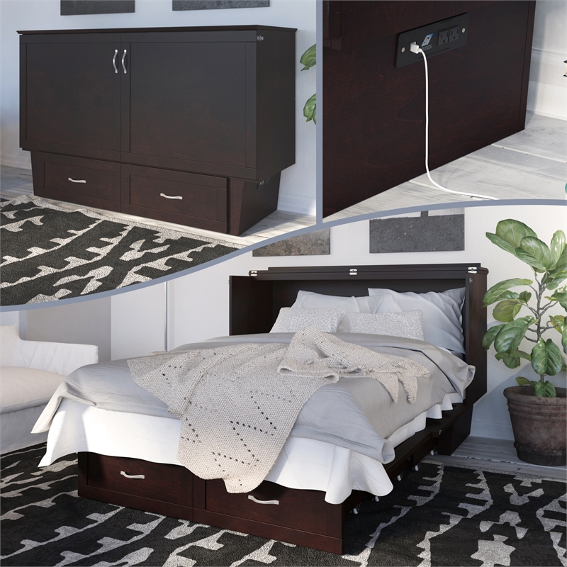 Monroe Queen Wood Murphy Bed Chest with Mattress & Charging Station in Espresso