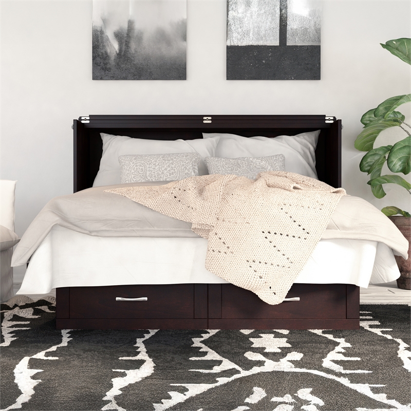 Monroe Queen Wood Murphy Bed Chest with Mattress & Charging Station in Espresso