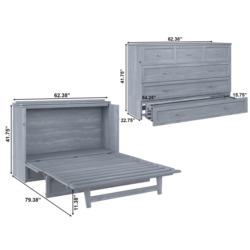 Deerfield Queen Solid Wood Modern Murphy Bed Chest with Mattress in Driftwood