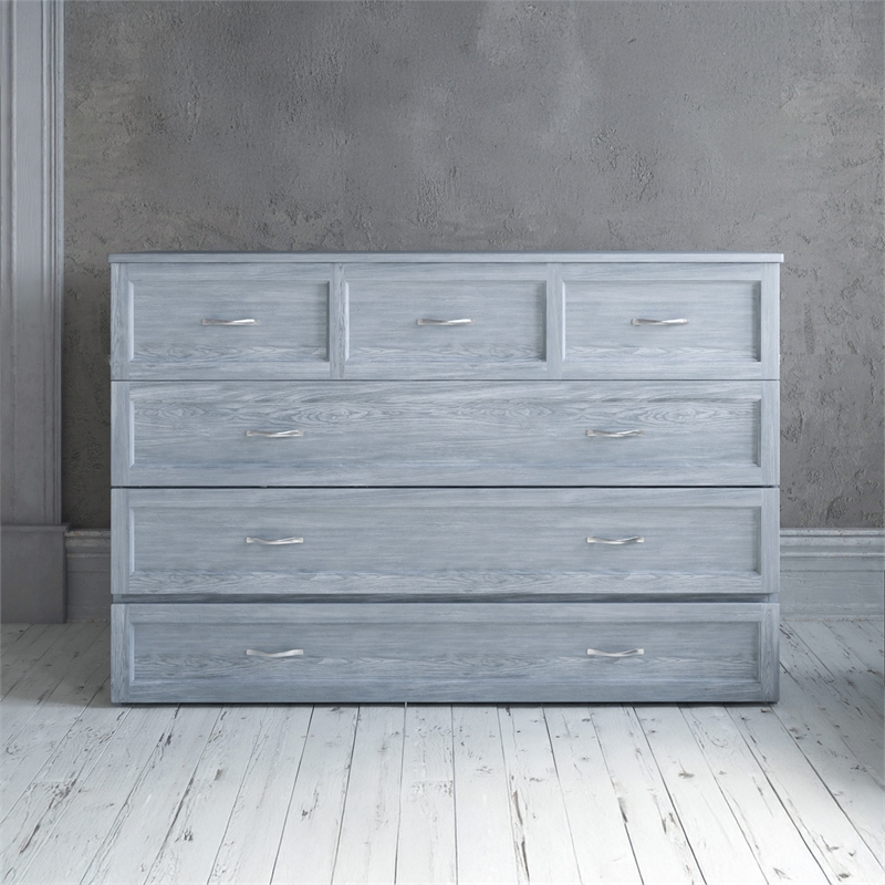 Deerfield Queen Solid Wood Modern Murphy Bed Chest with Mattress in Driftwood