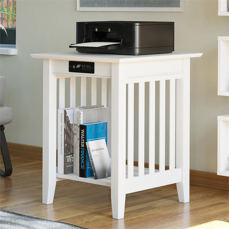AFI Mission Solid Wood Printer Stand with Built-In Charger in White