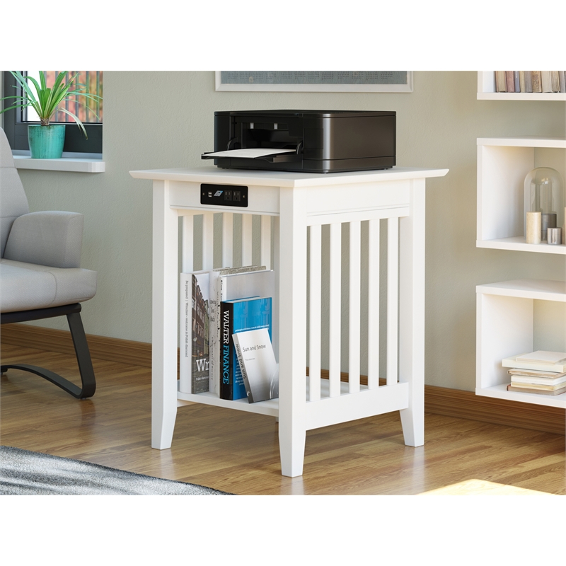 AFI Mission Solid Wood Printer Stand with BuiltIn Charger in White