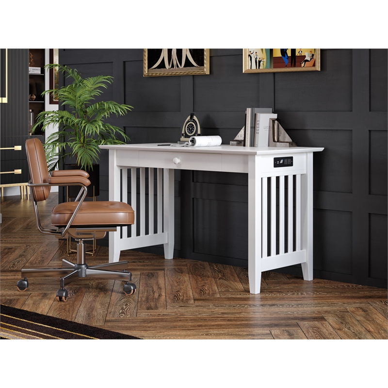 AFI Mission Solid Wood Writing Desk with Built-In Charger in White