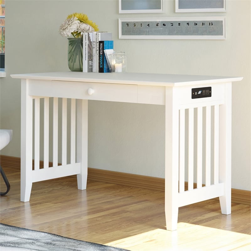 AFI Mission Solid Wood Writing Desk with Built-In Charger in White
