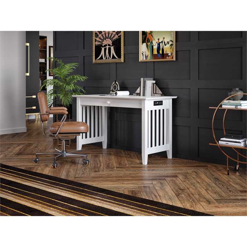 AFI Mission Solid Wood Writing Desk with Built-In Charger in White