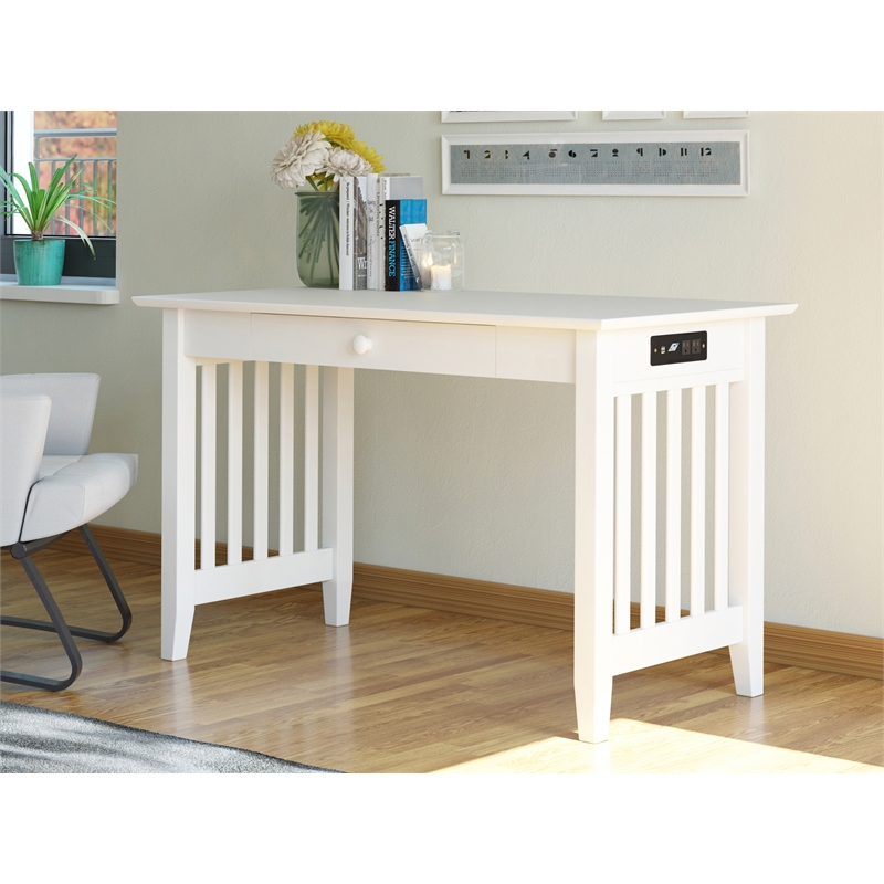 AFI Mission Solid Wood Writing Desk with Built-In Charger in White