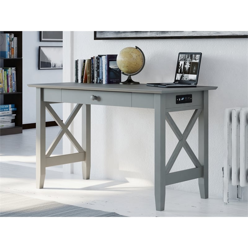 AFI Lexi Solid Wood Writing Desk with Drawer and Device Charger in Gray