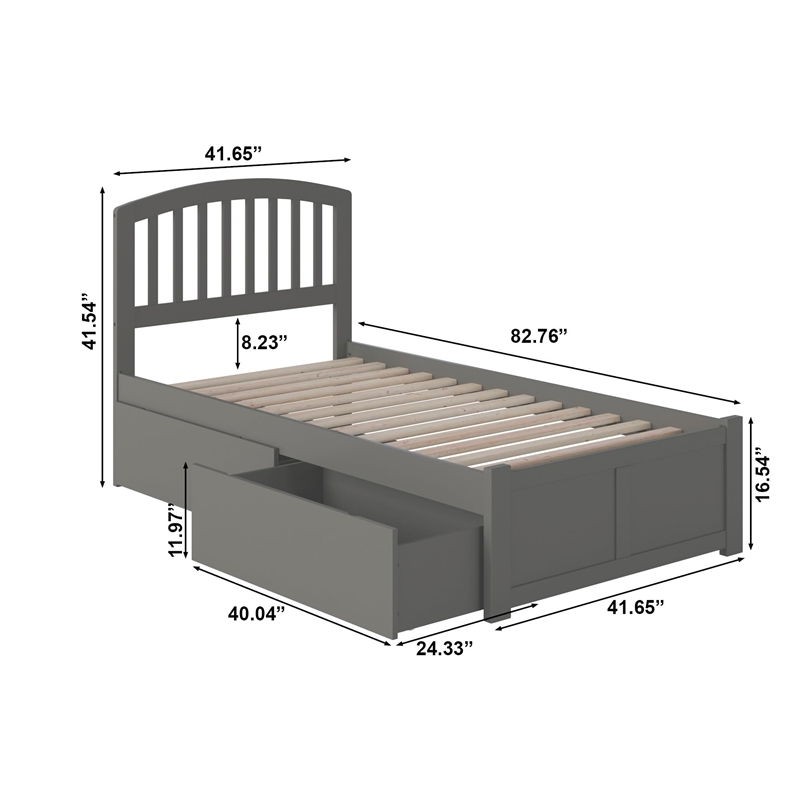Richmond Twin XL Wood Platform Bed with Footboard & Storage Drawers in Grey