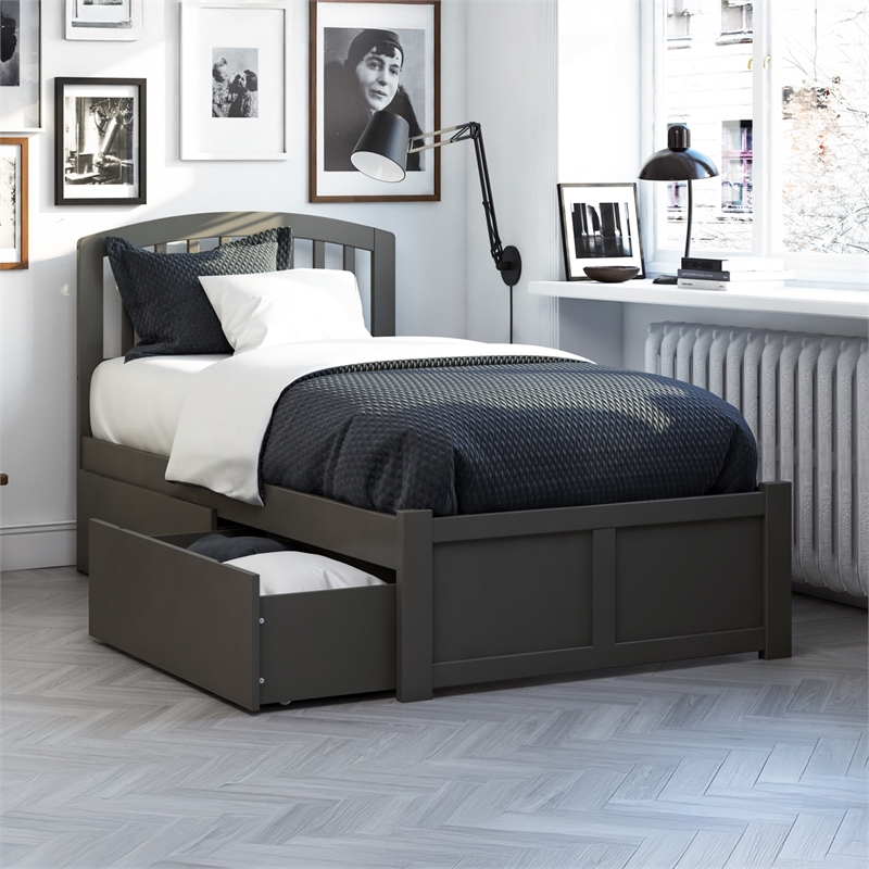 Richmond Twin XL Wood Platform Bed with Footboard & Storage Drawers in Grey