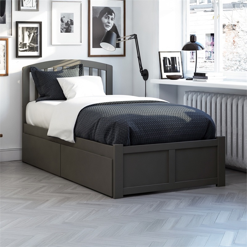 Richmond Twin XL Wood Platform Bed with Footboard & Storage Drawers in Grey