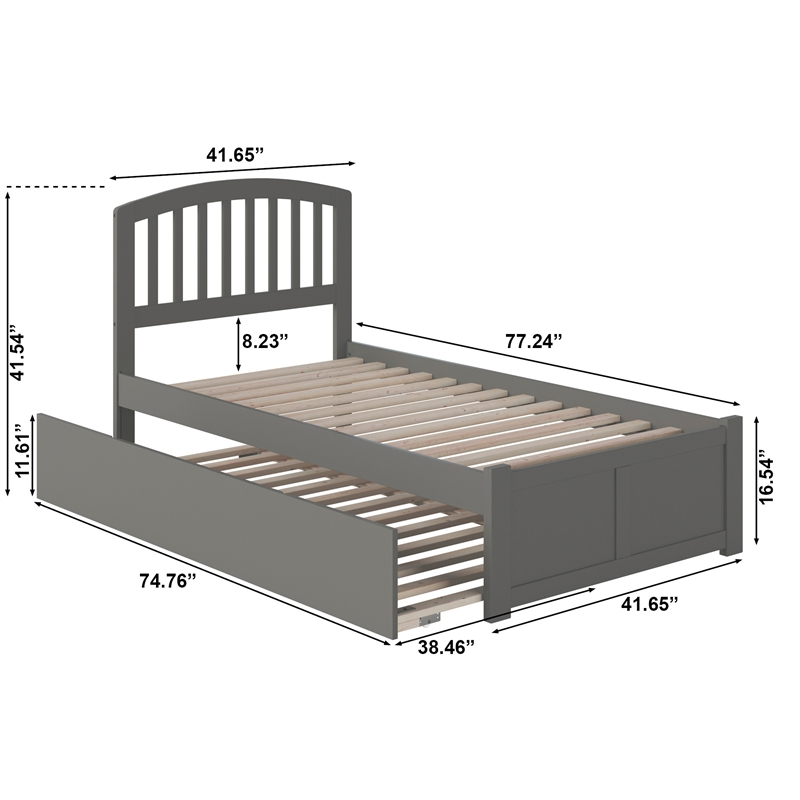 Richmond Twin Wood Platform Bed with Footboard and Twin Trundle in Grey