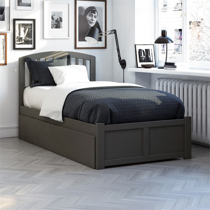 Richmond Twin Wood Platform Bed with Footboard and Twin Trundle in Grey