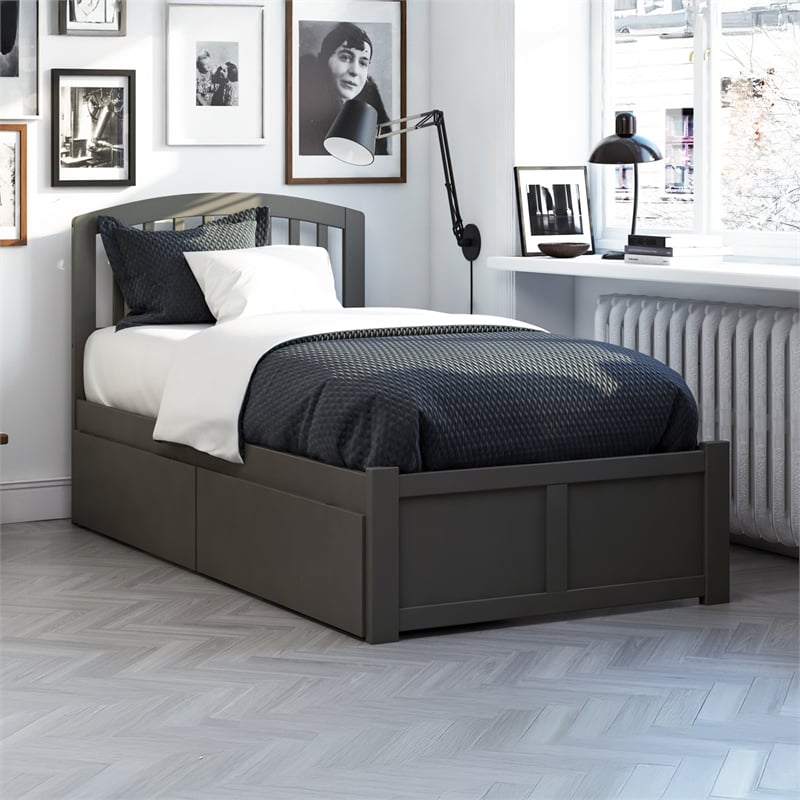 Richmond Twin Wood Platform Bed with Footboard and Storage Drawers in Grey