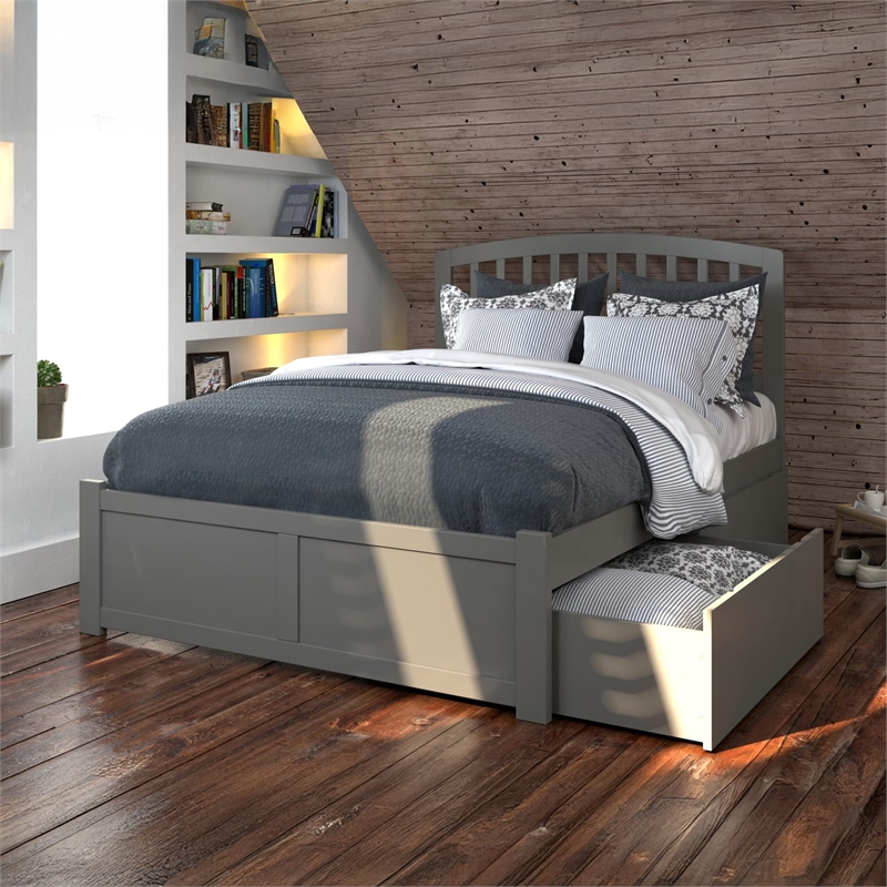 Richmond Full Wood Platform Bed with Footboard and Storage Drawers in Grey