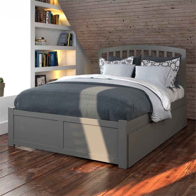 Richmond Full Wood Platform Bed with Footboard and Storage Drawers in Grey