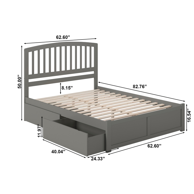 Richmond Queen Wood Platform Bed with Footboard and Storage Drawers in Grey